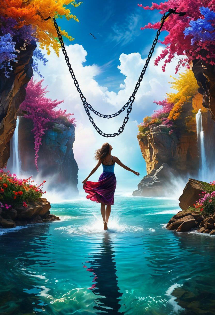 A surreal scene depicting a person breaking free from chains that symbolize emotional blocks, with vibrant colors representing pleasure and arousal surrounding them. In the background, an ethereal landscape of flowing water and blooming flowers signifies awakening and freedom. The mood is uplifting and empowering, blending elements of nature with a sense of liberation. colorful surrealism. vibrant colors. dynamic composition.