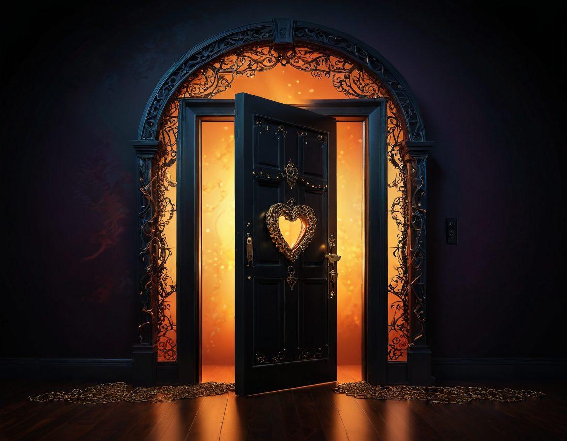 A mysterious door slightly ajar, emitting a warm and inviting glow with silhouettes of playful, dreamy fantasies surrounding it. Ethereal chains float in the air symbolizing blocked pleasures, with vibrant colors contrasting against a dark background. Intriguing symbols of desire and heart-shaped locks are interspersed throughout the scene. Super-realistic. Vibrant colors. Dark background.